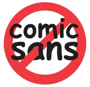 een rode streep door de tekst comic sans