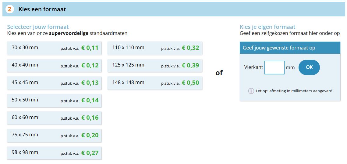 printscreen bestelformulier standaardmaten vs zelfgekozen maat